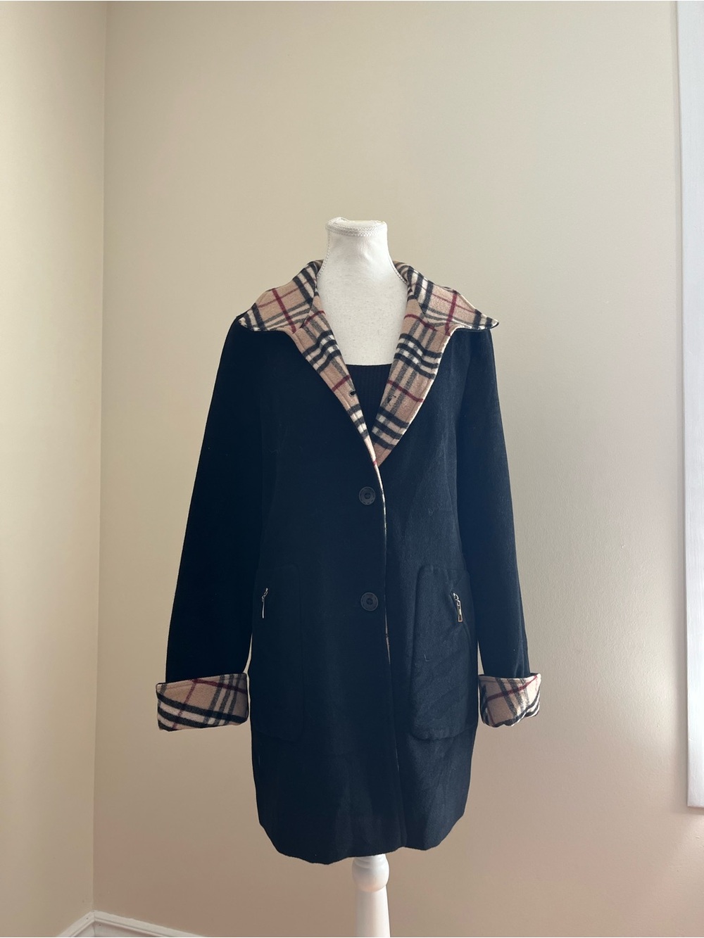 Saint Laurent Black Trench Coat with Beige Plaid Trim